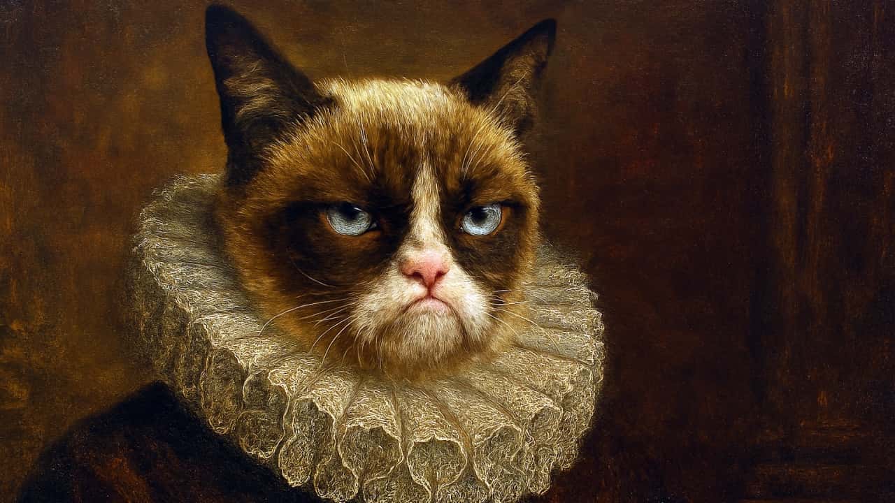 An AI-generated oil painting in the Old Masters style, depicting the famous "Grumpy Cat" as a 17th-century aristocrat.