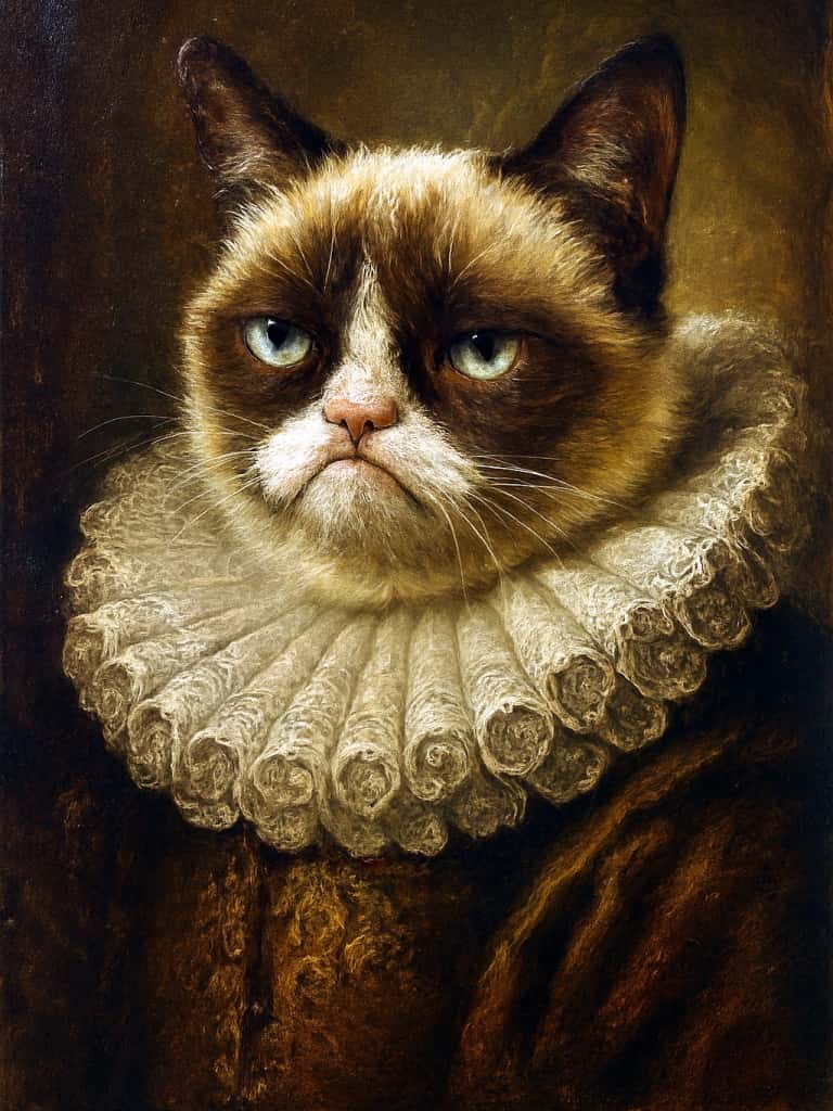 An AI-generated oil painting in the Old Masters style, depicting the famous "Grumpy Cat" as a 17th-century aristocrat.