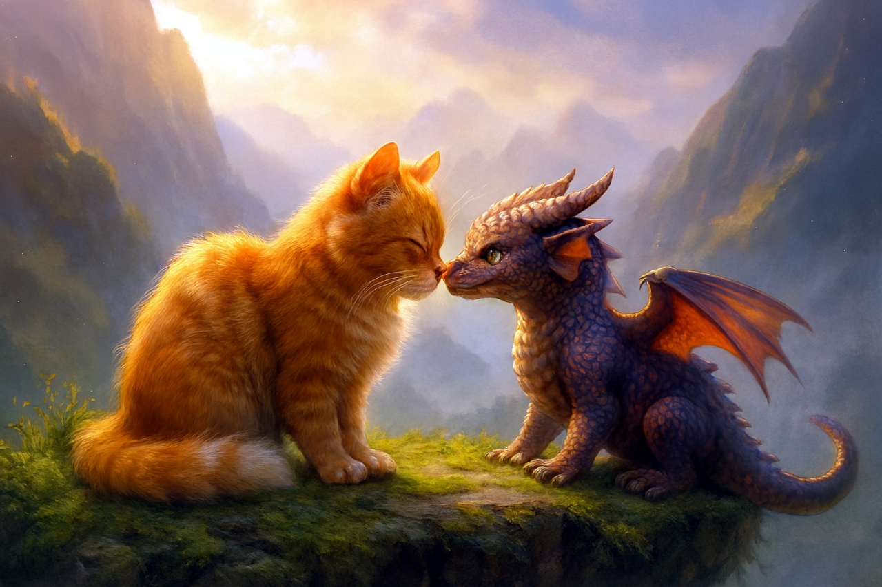An AI-generated fantasy painting of a cat and a small baby dragon touching noses on a cliff.