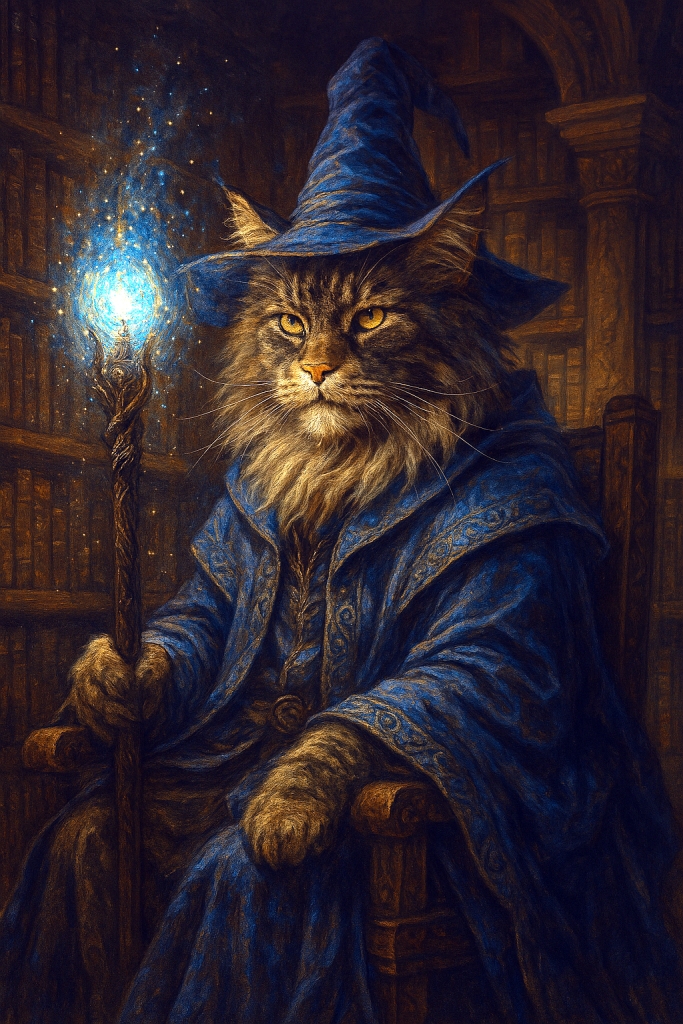 An AI-generated fantasy image of a wise cat dressed as a wizard in a library, holding a glowing staff.