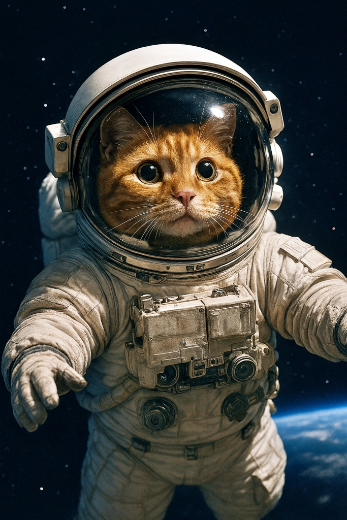 An AI-generated photorealistic image of a cat in an astronaut suit floating in space, with the Earth in the background.