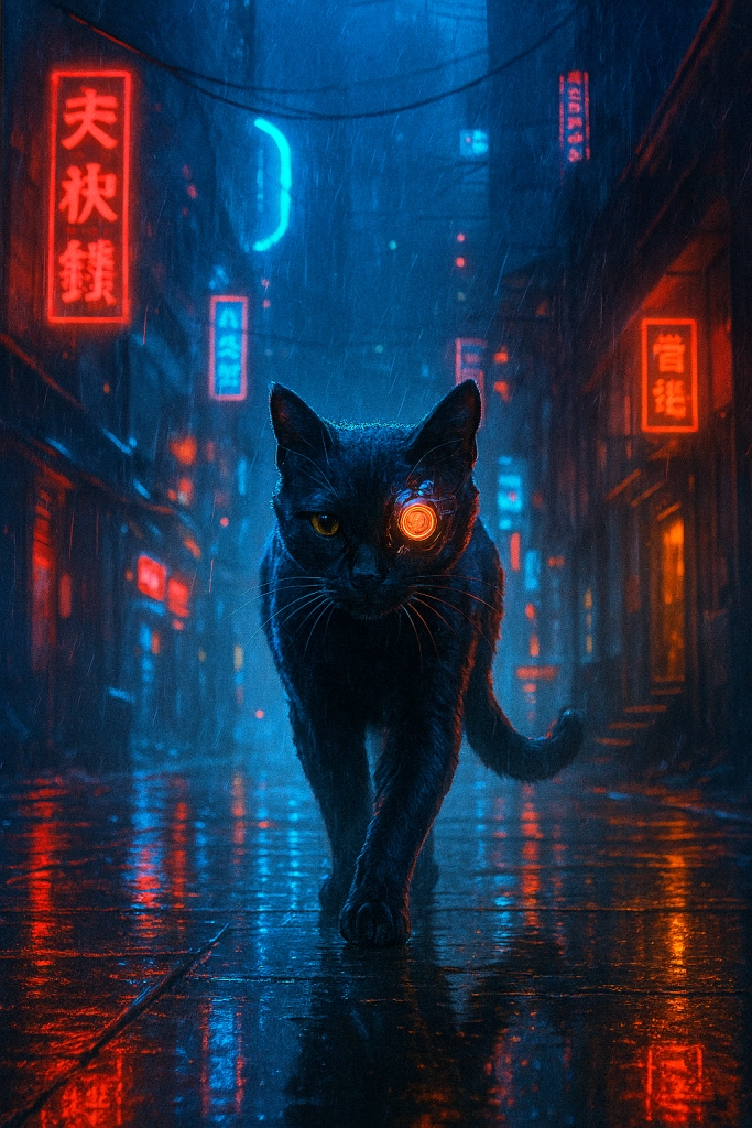 An AI-generated cyberpunk image of a cat with a glowing eye in a rainy, neon-lit city alley.