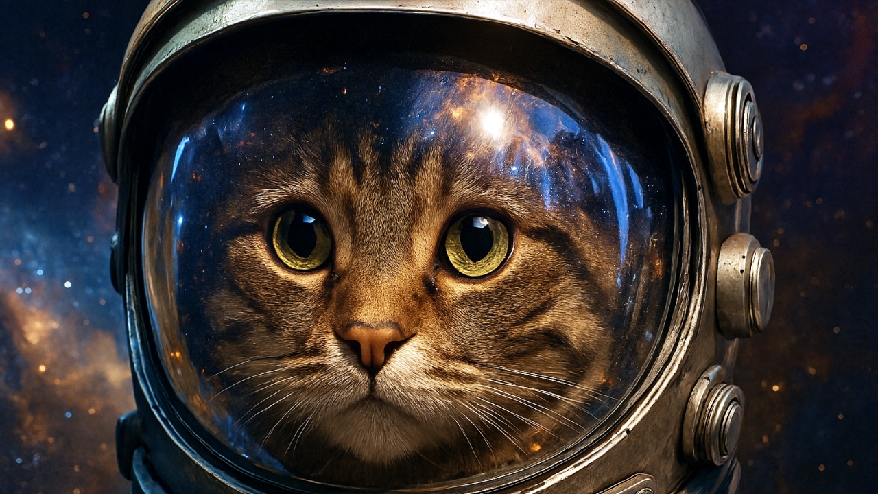 An AI-generated photorealistic close-up of a cat in an astronaut helmet, with a space nebula reflected in the visor.