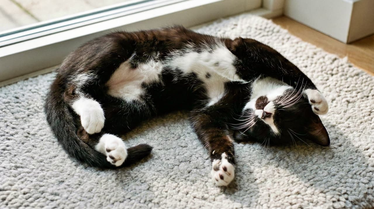 A trusting tuxedo kitten sleeps on its back on a soft rug, showing its belly with all four paws in the air.