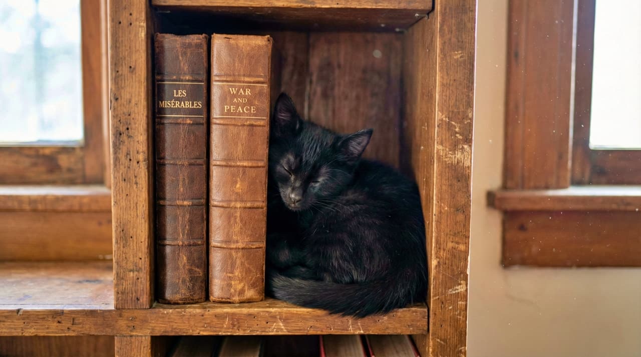 A small black kitten naps while squeezed vertically into a gap between two books on a wooden bookshelf.