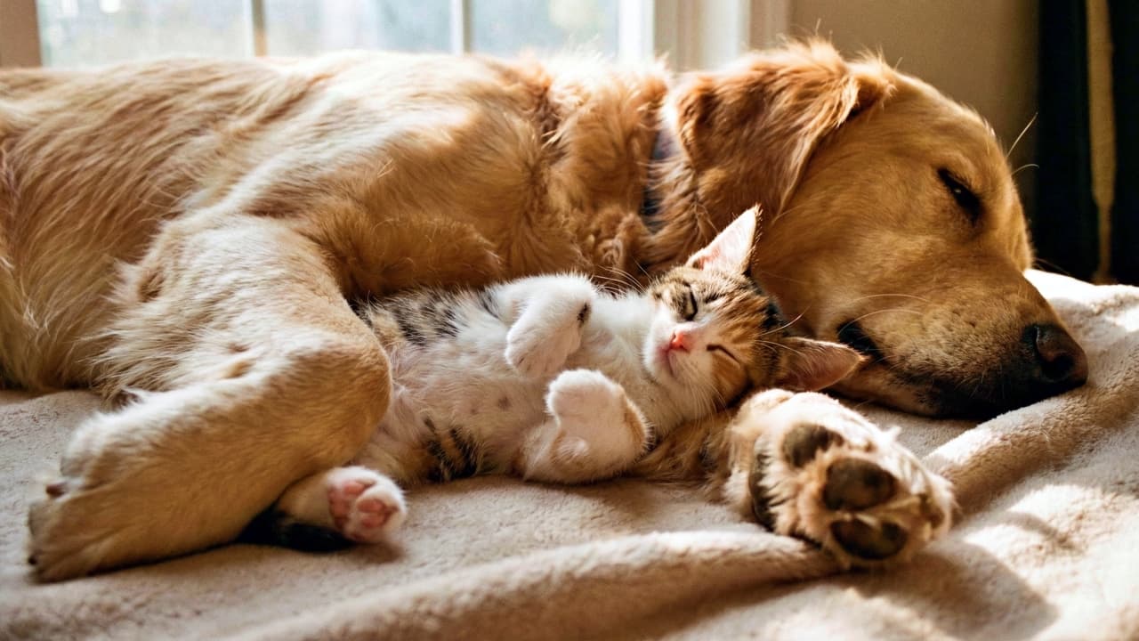 A tiny calico kitten sleeps peacefully on its back, nestled between the large, fluffy paws of a sleeping golden retriever, highlighting a gentle interspecies friendship.