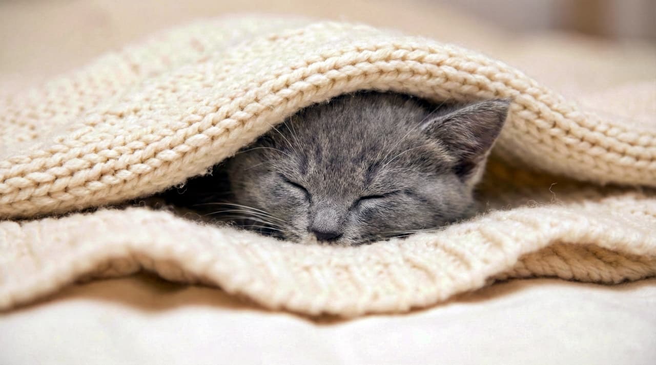 The head of a small grey kitten peeks out from under a cozy, cream-colored knitted blanket, fast asleep.