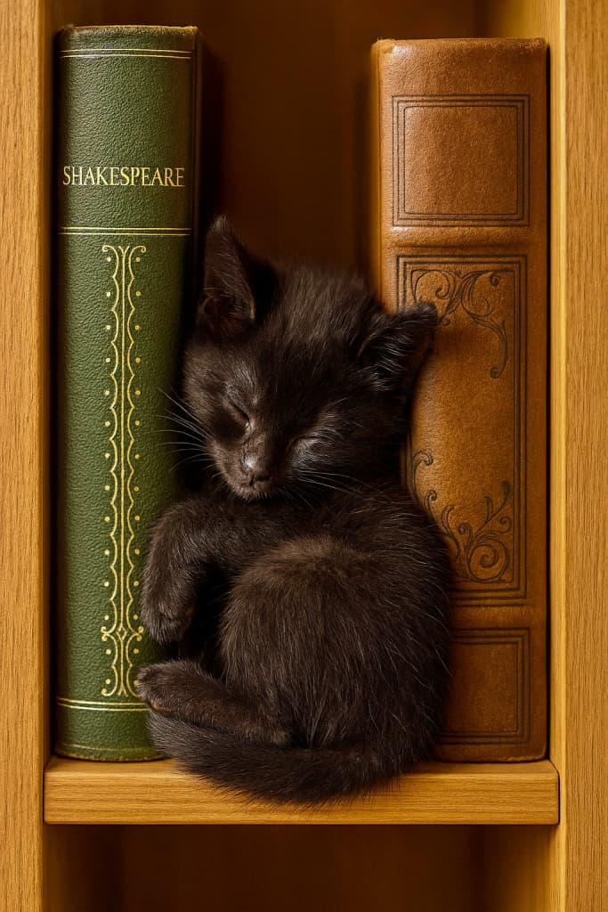 A small black kitten is curled up and sleeping in a narrow vertical gap on a wooden bookshelf, nestled snugly between the spines of two large, classic hardback books—one green and gold, the other brown and embossed. The kitten’s soft fur contrasts with the textured leather bindings, and warm lighting enhances the cozy, hidden nook.