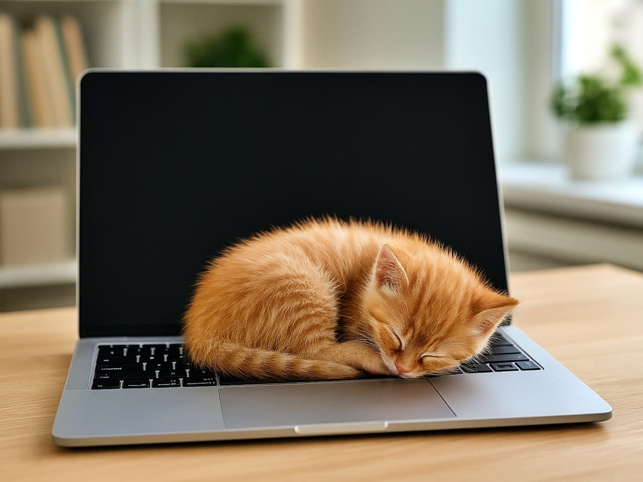 A tiny ginger tabby kitten with soft, striped fur is curled up and sleeping soundly on the keyboard of an open silver laptop. The laptop screen is dark, and the device rests on a light wooden desk in a bright, modern home office. The kitten’s body is tucked into a tight ball, with its head resting on its hind legs and its tail wrapped around its side. Natural light streams in from a nearby window, illuminating the cozy scene.
