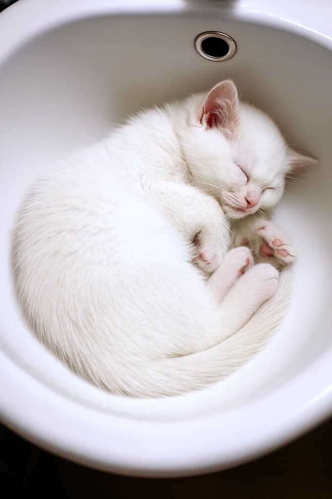 A fluffy white kitten sleeps peacefully, curled into a perfect circle inside a clean white ceramic bathroom sink. Its soft fur glows under warm bathroom lighting, with tiny pink paws tucked close and eyes gently closed. The kitten’s body mirrors the sink’s rounded shape, creating a serene and cozy composition.