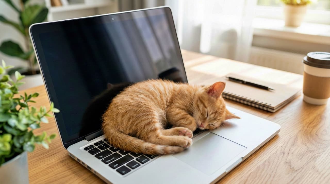 A tiny ginger tabby kitten sleeps curled up on the keyboard of an open laptop in a home office.