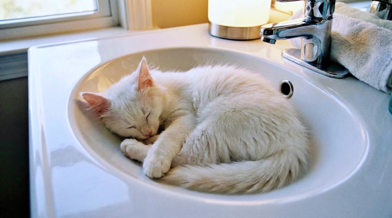 A fluffy white kitten sleeps curled up in a perfect circle inside a clean, white bathroom sink.