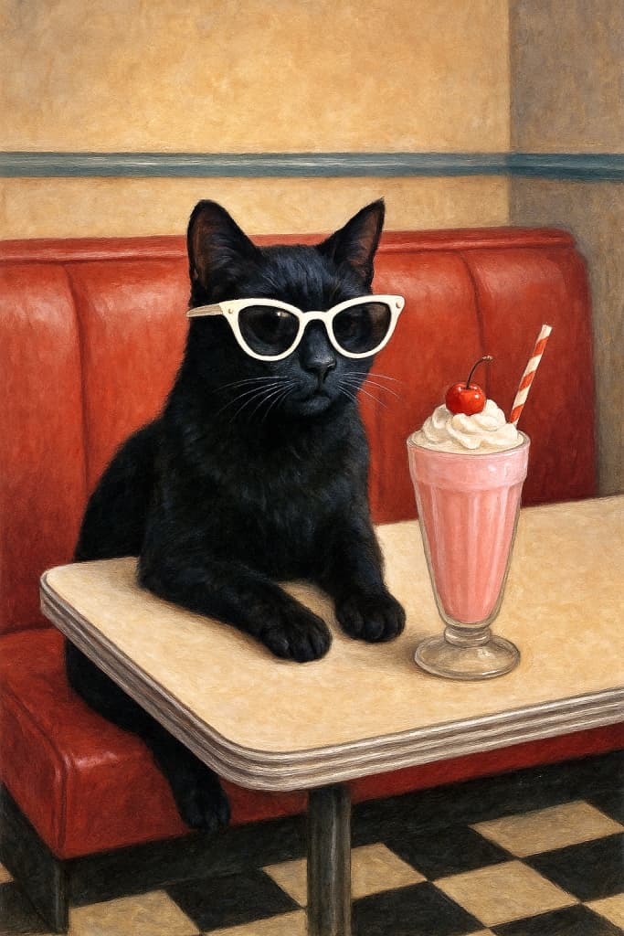 A cool black cat wearing 1950s-style white sunglasses sits in a retro American diner booth, with a pink strawberry milkshake topped with whipped cream and a cherry on the table, vintage Norman Rockwell–style illustration.