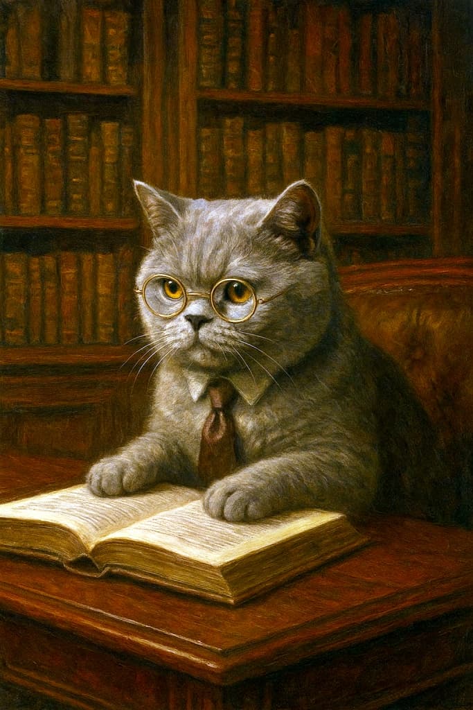 A dignified British Shorthair cat wearing small round reading glasses and a silk tie, sitting at a mahogany desk in a classic library, with an open book in front of it, painted in an oil painting style.