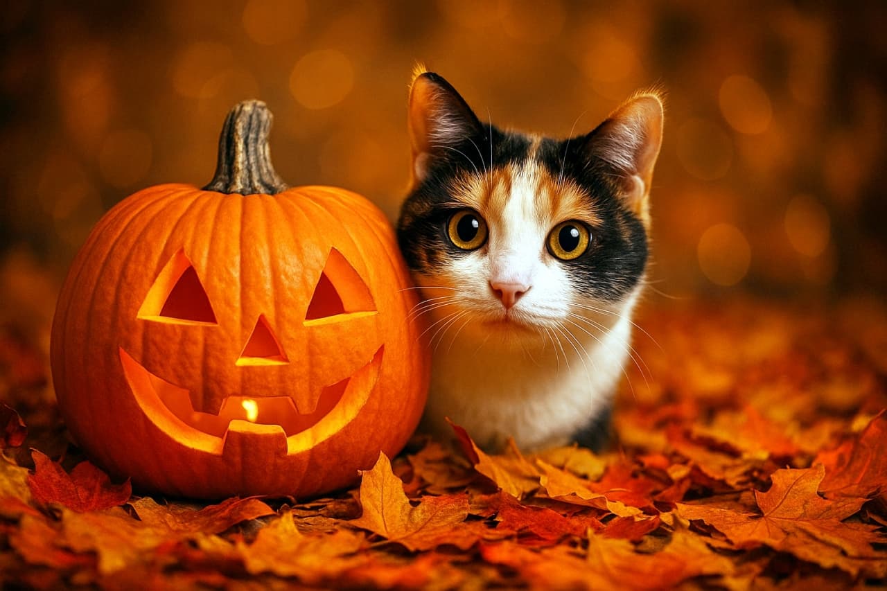 A playful calico cat peeking out from behind a carved Halloween pumpkin, surrounded by colorful autumn leaves with warm cinematic lighting and a soft bokeh background.