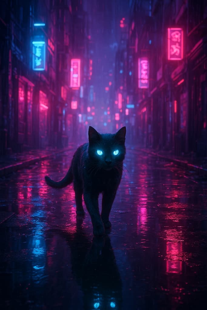 A cyberpunk-style black stray cat with glowing neon blue eyes walking down a rainy futuristic alley filled with pink and blue neon signs. The wet pavement reflects the colorful lights, creating a moody, Blade Runner–like atmosphere.