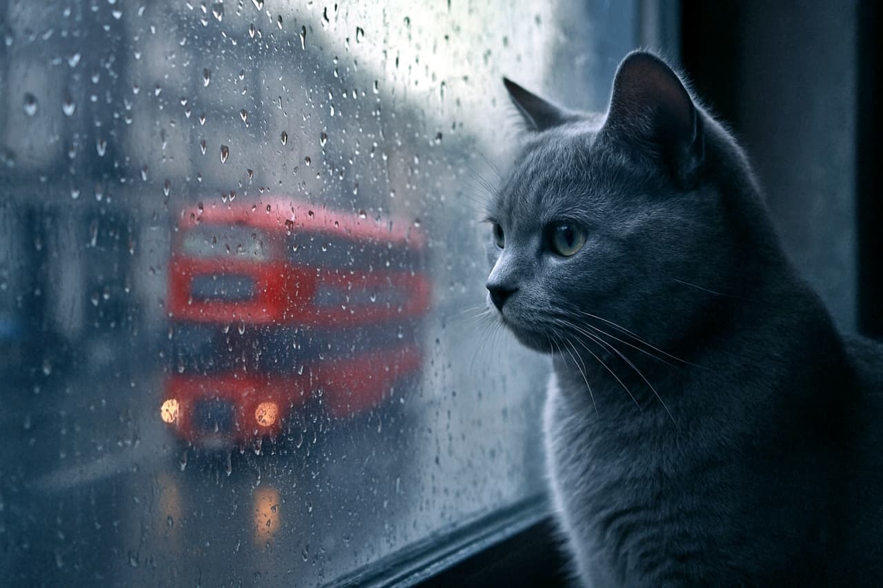 A melancholic grey cat gazing out a rainy window, with a blurred red double-decker bus visible outside, raindrops streaking down the glass in a moody, cinematic atmosphere.