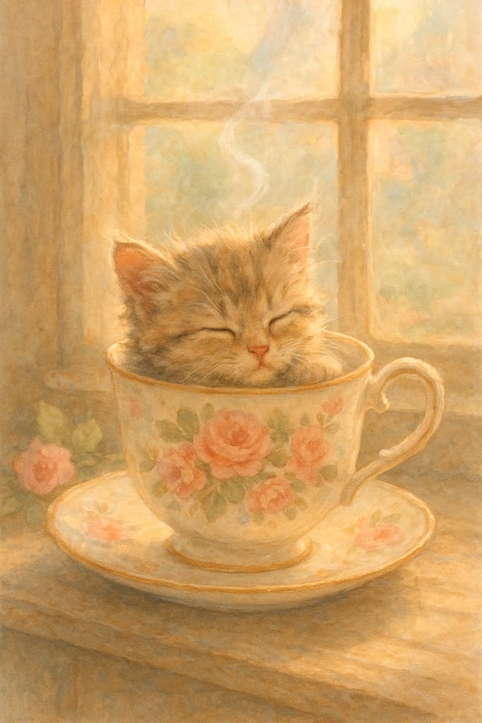 A tiny fluffy kitten sleeping inside a vintage floral teacup with steam gently rising, bathed in soft morning sunlight through a cottage window, creating a dreamy pastel cottagecore atmosphere.