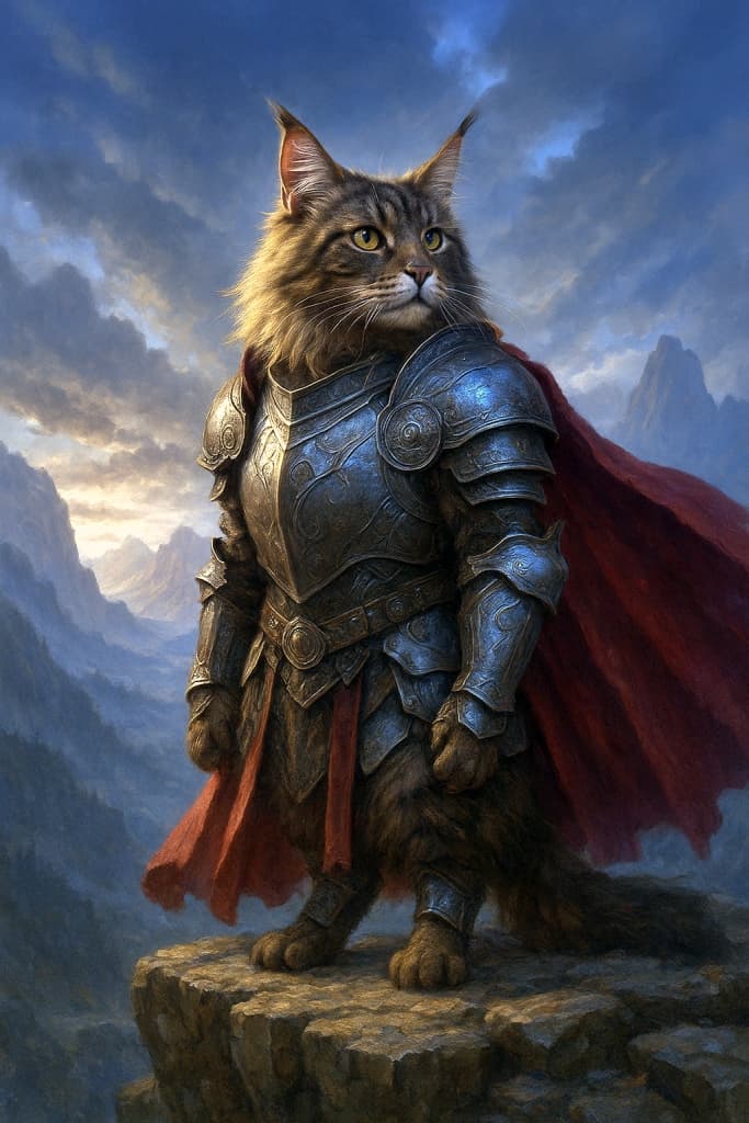 A majestic Maine Coon cat wearing intricate medieval steel armor and a flowing red cape, standing heroically on a rocky cliff with a dramatic fantasy landscape in the background, illuminated by moody, cinematic lighting.