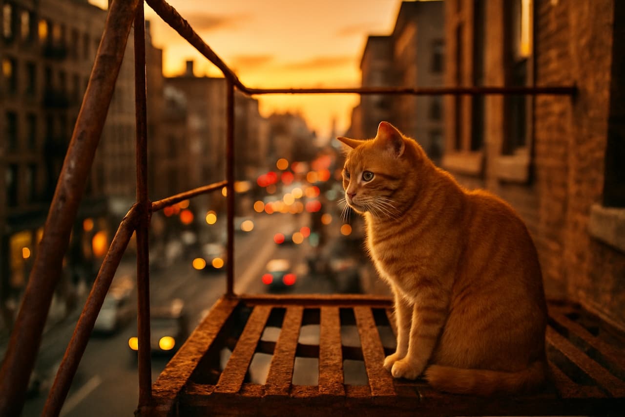 A highly realistic photograph of an orange tabby cat sitting on a rusted fire escape during golden hour, overlooking a busy New York City street with blurred car lights in the background.