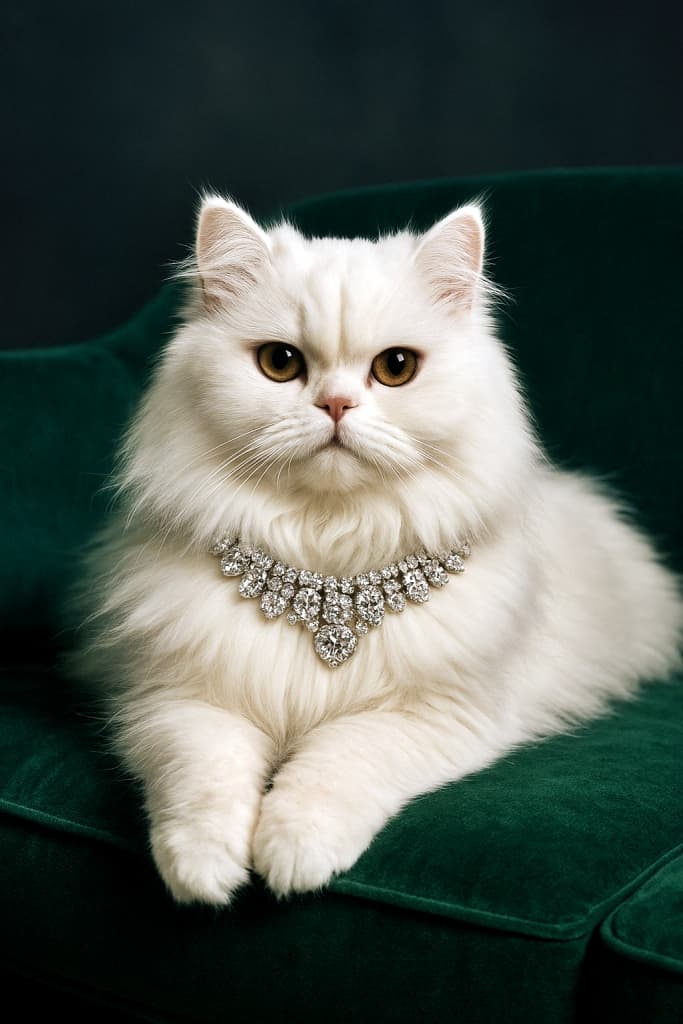A glamorous white Persian cat wearing a sparkling diamond collar, posing elegantly on an emerald green velvet sofa in a studio setting, sharp focus and high-fashion editorial style.