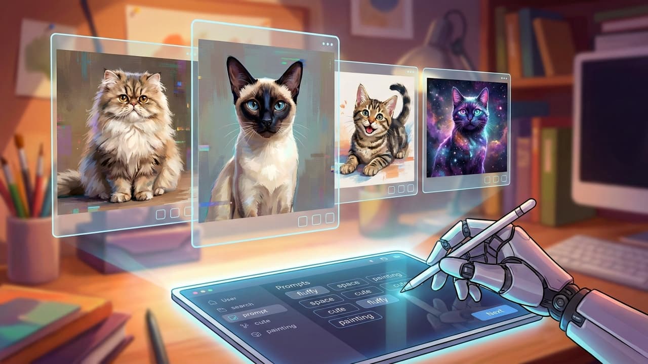 A robotic hand uses a stylus on a futuristic touchscreen interface to select stylized cat portraits—Persian, Siamese, tabby kitten, and a cosmic-themed cat—floating in digital panels. The cozy workspace includes books, a monitor, and art supplies, blending AI creativity with feline charm. ロボットの手がスタイラスで未来的なタッチスクリーンを操作し、ペルシャ猫、シャム猫、子猫のトラ猫、宇宙風の猫などのスタイライズされた猫画像を選択。書籍やモニター、画材が並ぶ居心地の良い作業空間で、AIと猫の魅力が融合している