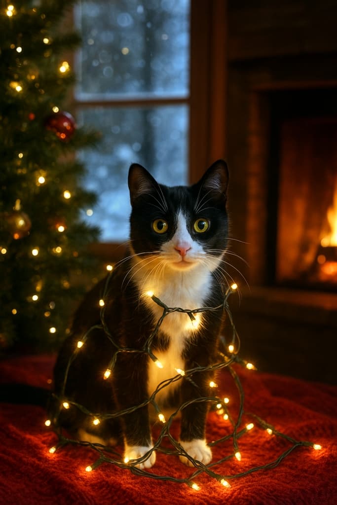 A black and white tuxedo cat sitting in front of a Christmas tree and fireplace, tangled in warm glowing holiday lights, with a snowy window in the background, creating a cozy festive atmosphere.