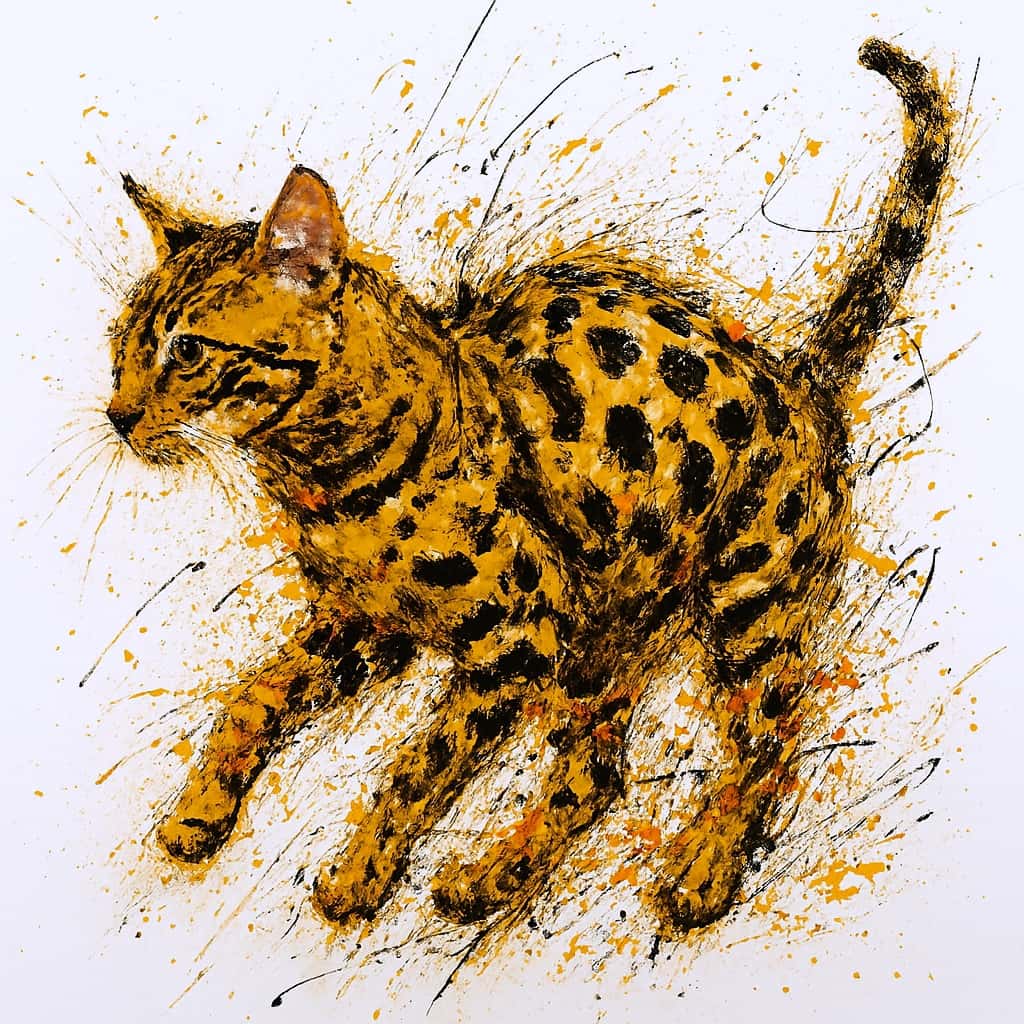 An AI-generated abstract painting of a Bengal cat made of dynamic paint splatters, capturing its motion and energy.