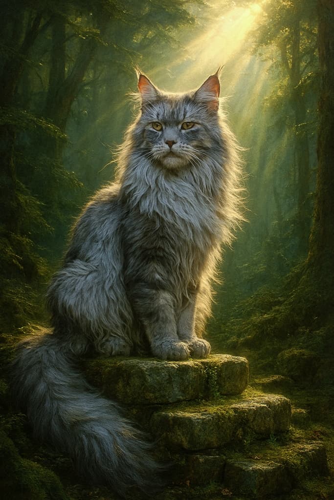 An AI-generated fantasy art image of a majestic Maine Coon cat sitting on mossy stones in an enchanted forest.