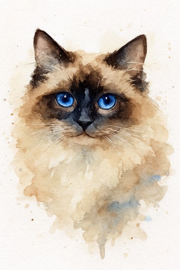 An AI-generated watercolor painting of a beautiful Ragdoll cat with striking blue eyes, in a soft, gentle style.