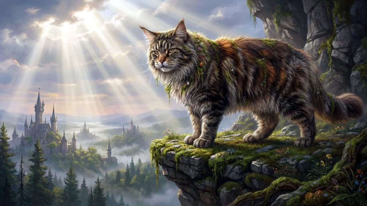 An AI-generated epic fantasy painting of a majestic Maine Coon cat standing on a cliff overlooking a misty kingdom.