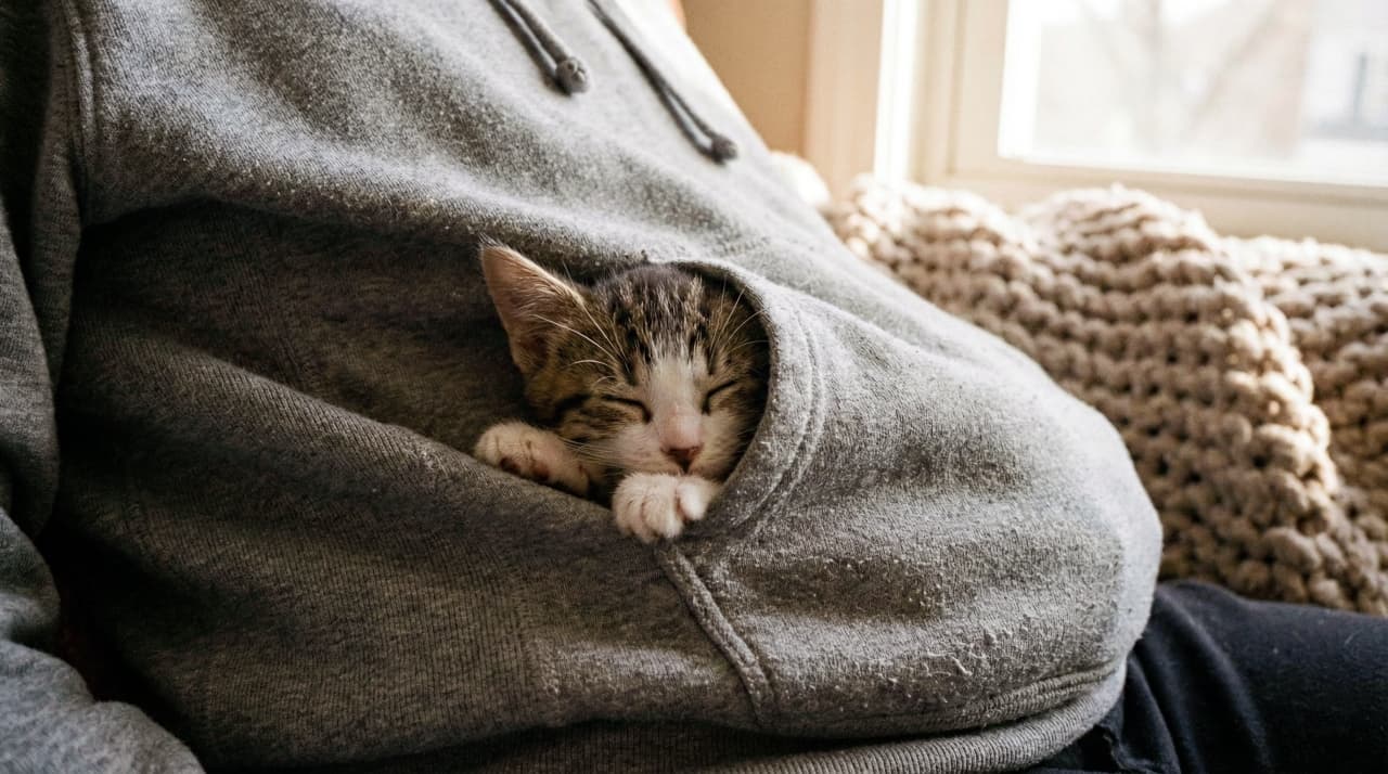Tiny kitten sleeping inside the front pocket of a grey hoodie.