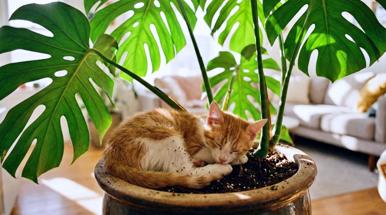 Small kitten sleeping in the soil of a potted indoor plant.