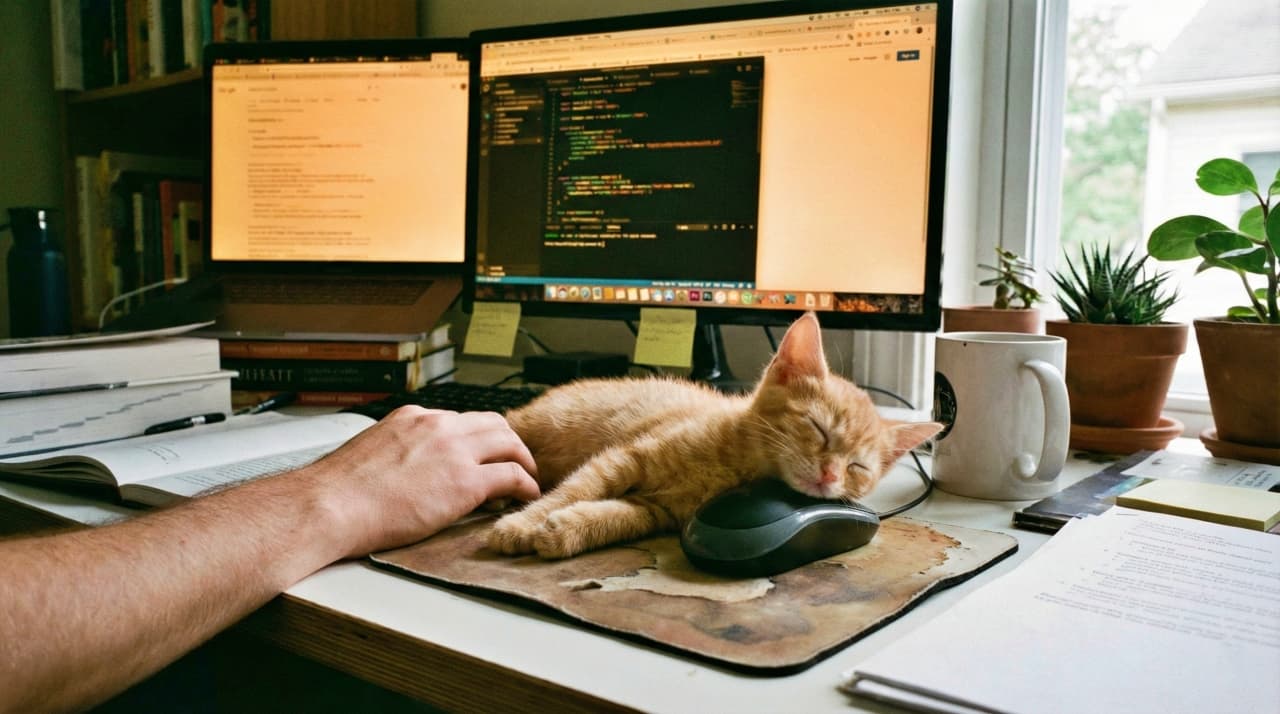 Kitten sleeping across a computer mouse and mousepad on a desk.