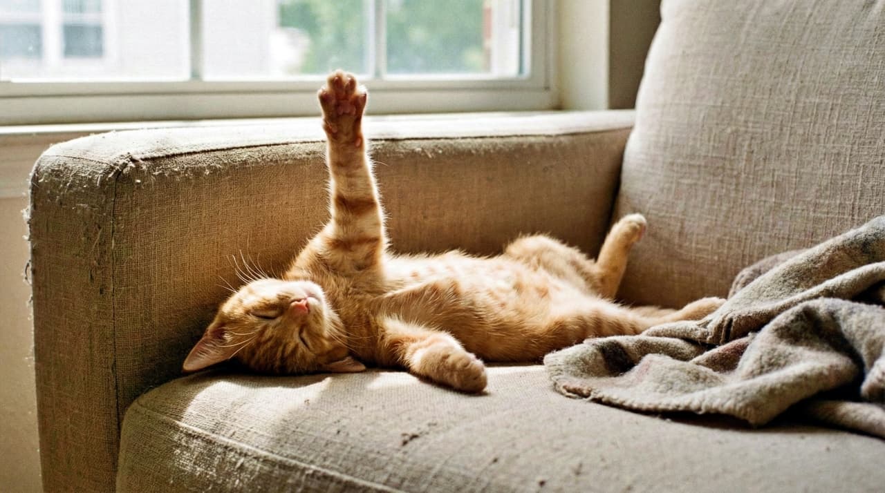 Sleeping kitten on its back with one paw extended in the air.