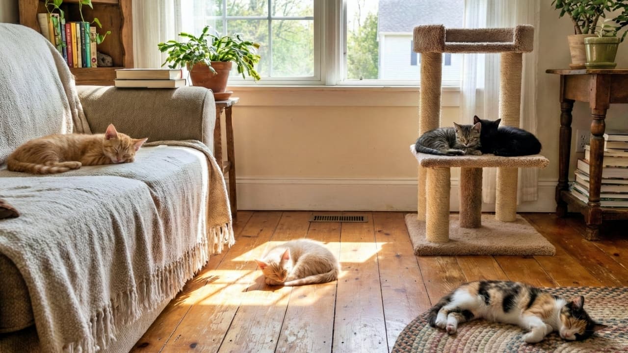 A cozy living room scene filled with multiple kittens napping on the sofa, rug, and cat tower, creating a peaceful paradise.