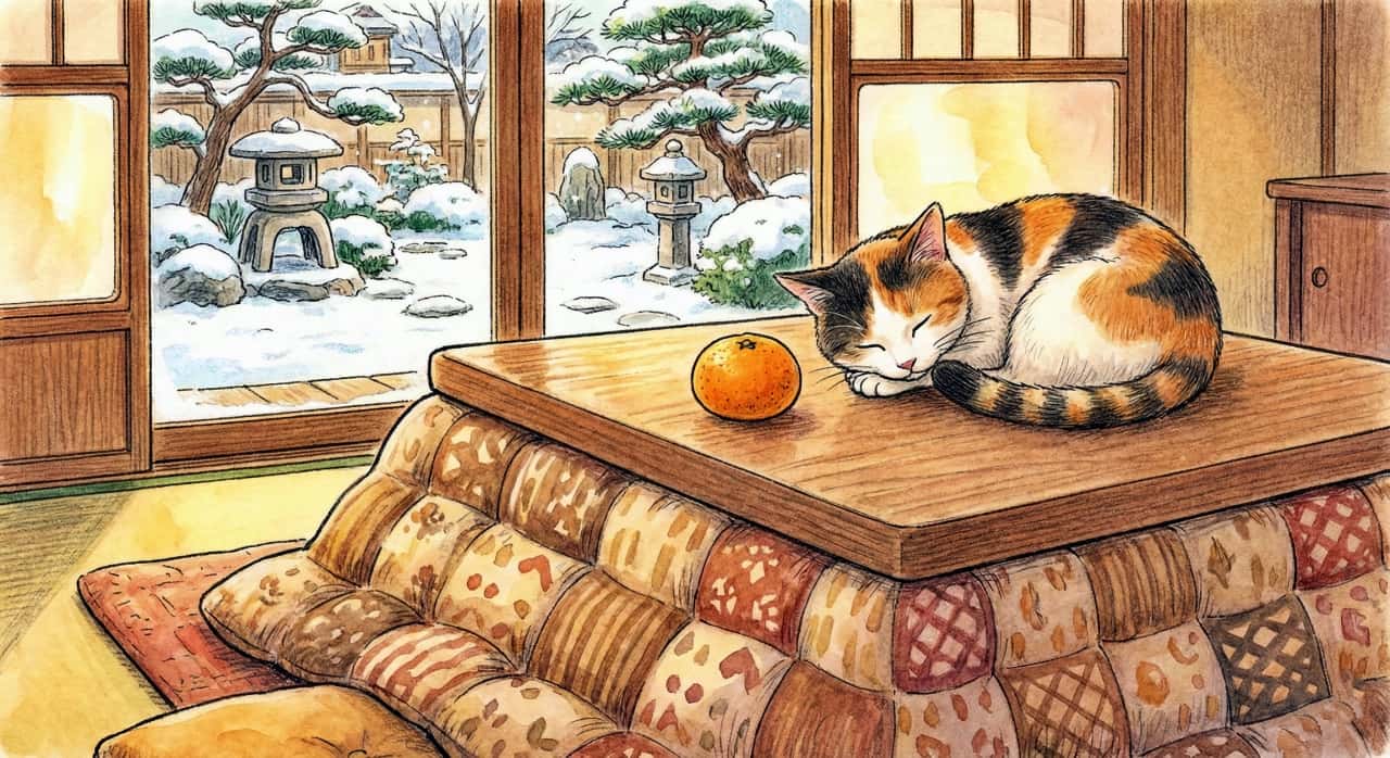 An AI-generated illustration of a calico cat sleeping on a Kotatsu in a Japanese room with a snowy garden view.
