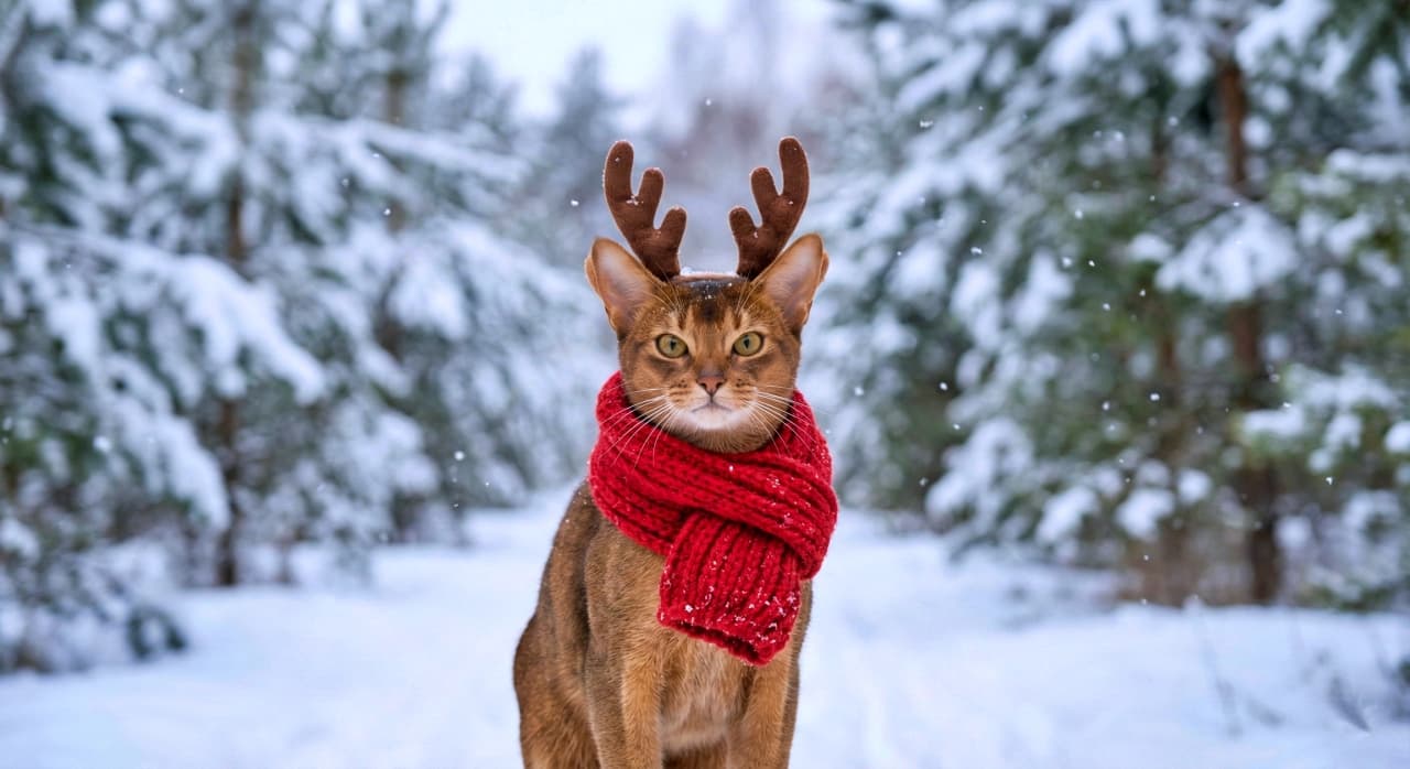 An AI-generated portrait of an Abyssinian cat wearing reindeer antlers and a scarf in a snowy forest.