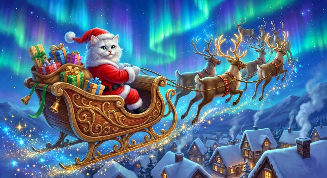 An AI-generated fantasy image of a white cat dressed as Santa Claus flying in a sleigh over a snowy village.