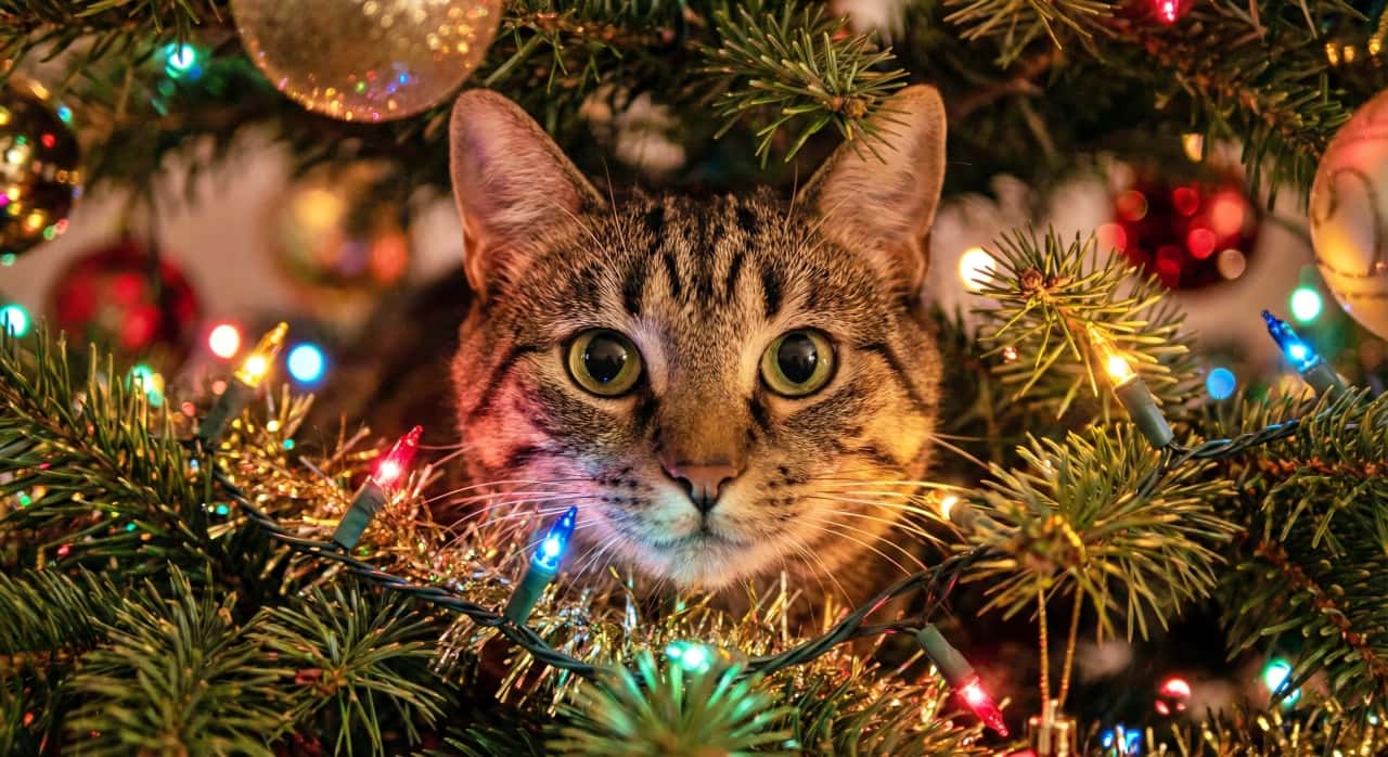 An AI-generated photorealistic image of a cute tabby cat inside a Christmas tree, tangled in colorful lights.