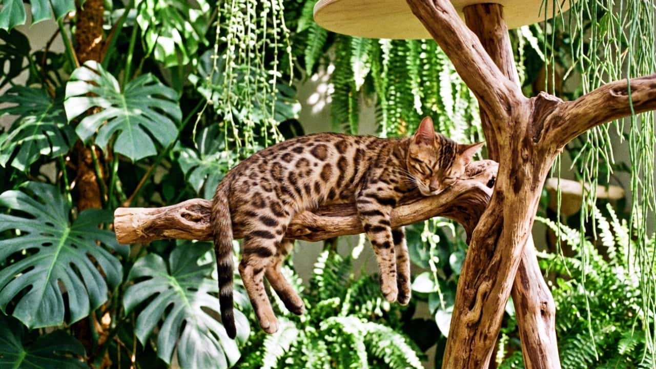 Spotted Bengal kitten napping on a high wooden branch of a cat tree.