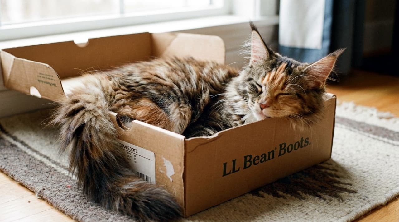 Fluffy Maine Coon kitten sleeping and overflowing out of a small cardboard box.