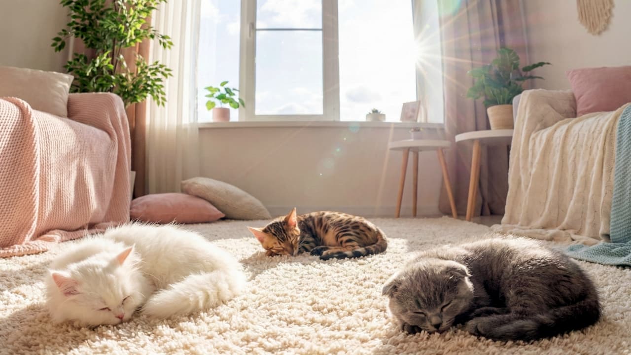 A diverse group of kittens including a Persian, Bengal, and Scottish Fold sleeping peacefully on a soft rug in a sunlit room.