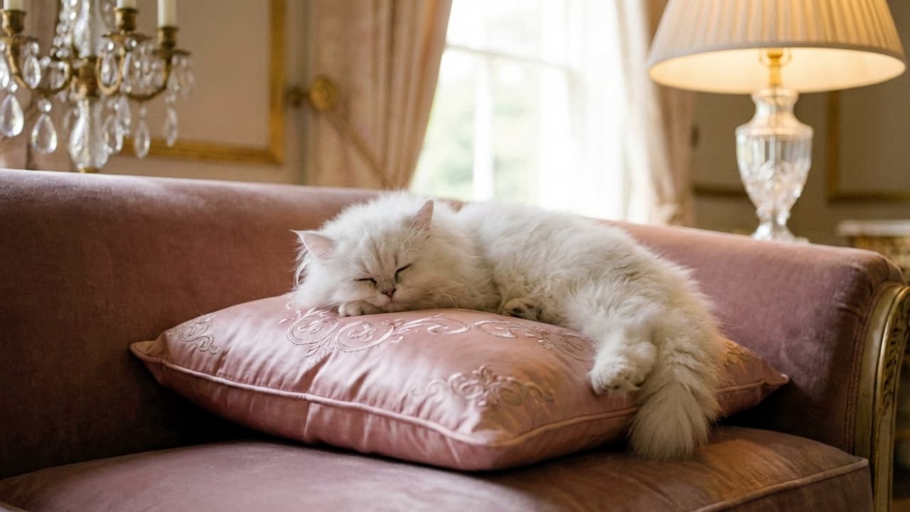 Fluffy white Persian kitten sleeping luxuriously on a pink silk pillow.