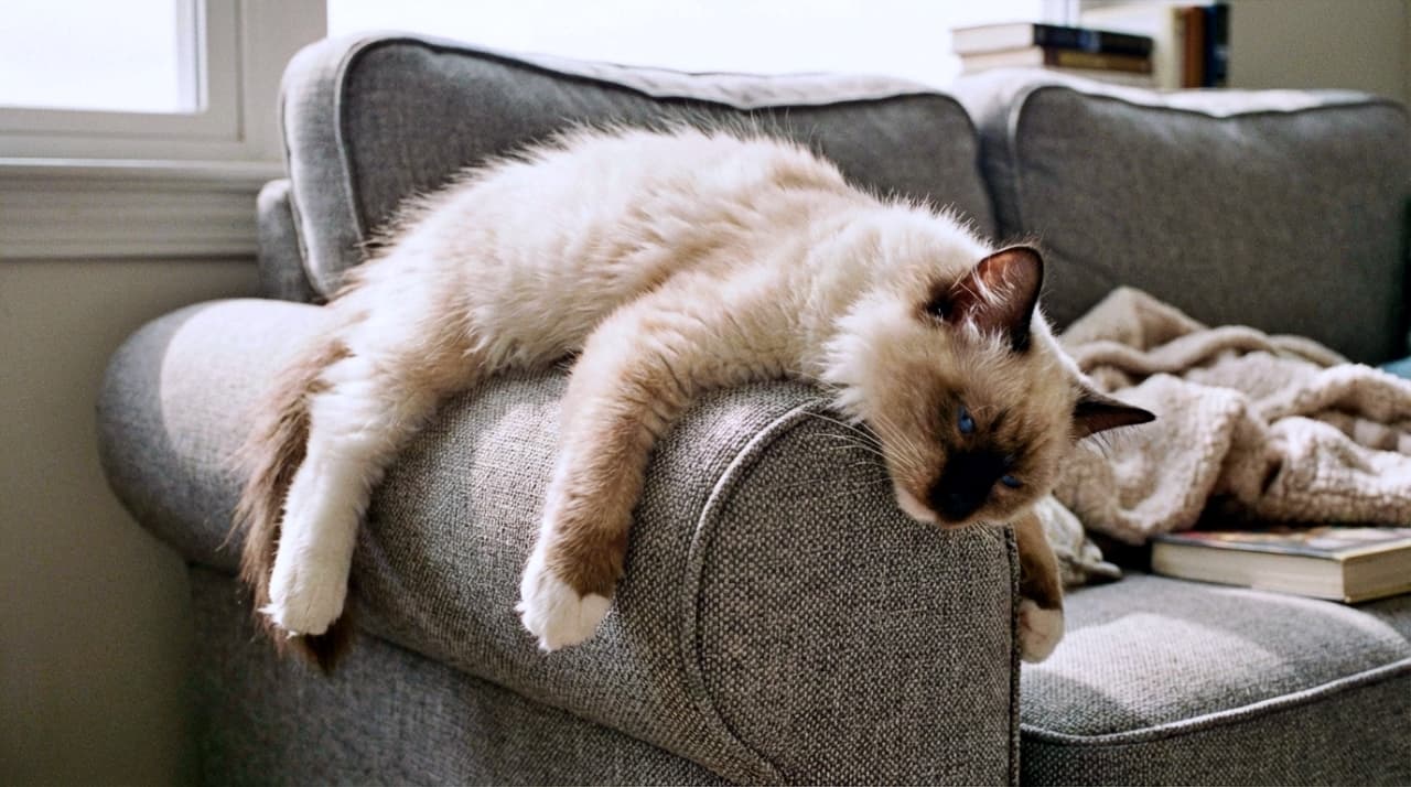 Ragdoll kitten sleeping limply draped over the arm of a sofa.