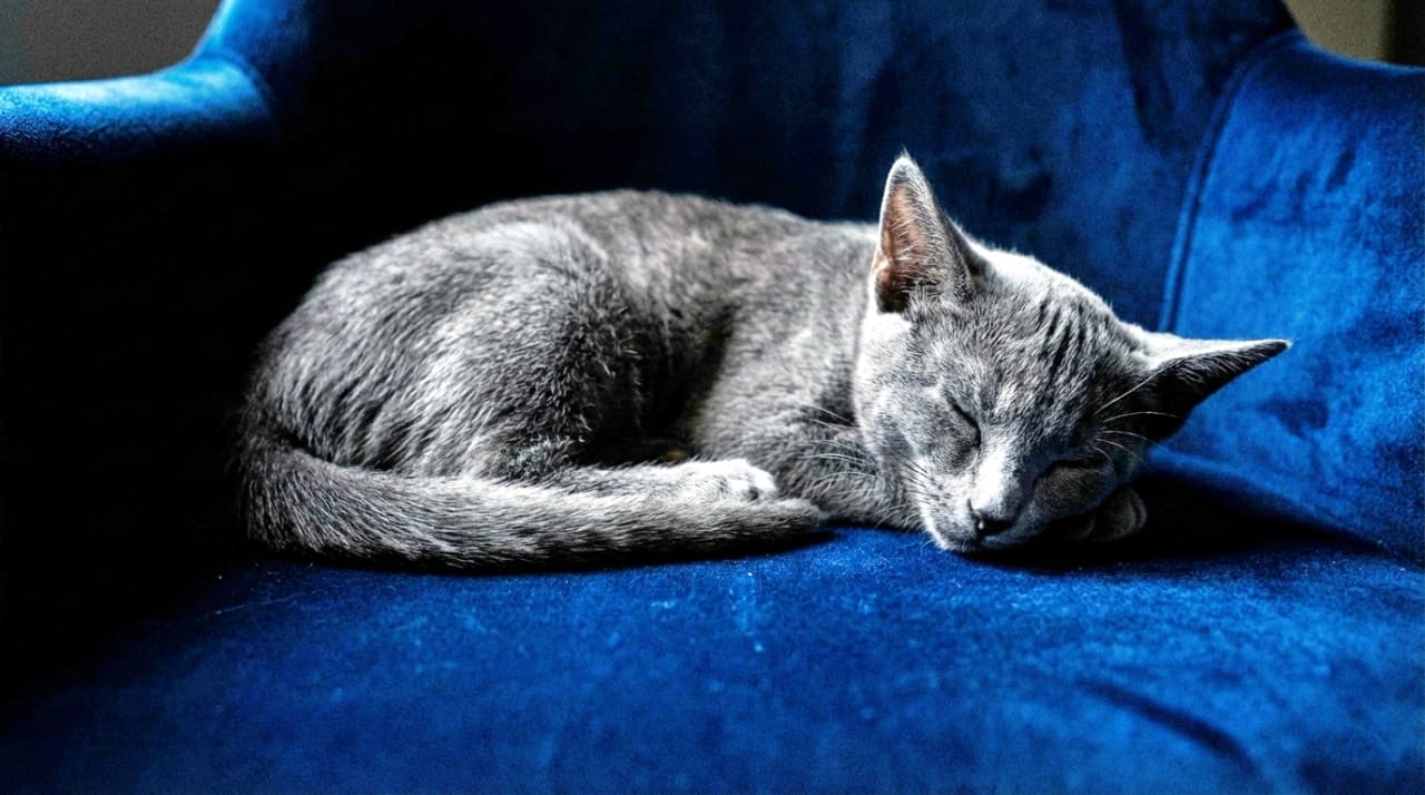 Russian Blue kitten sleeping on a dark velvet chair, showing its shimmering silver fur.