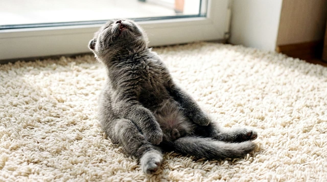 Grey Scottish Fold kitten sleeping while sitting upright in a funny Buddha pose.