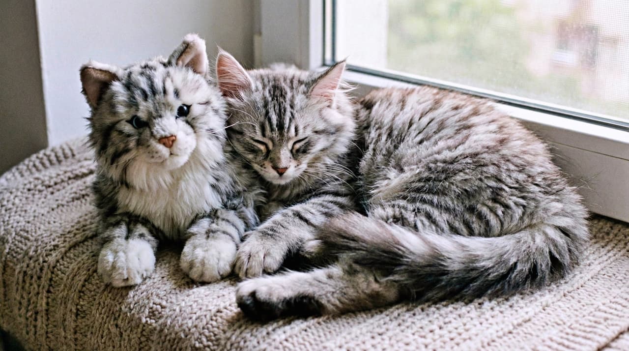 A cute photo of a fluffy Siberian kitten sleeping next to a plush toy cat that looks identical to it. Hard to tell which is real. --ar 16:9