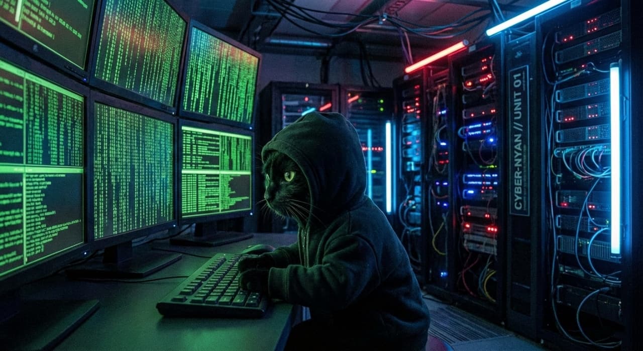 A photorealistic image of a black cat wearing a dark hoodie, sitting in a dim server room with a cyberpunk atmosphere. Surrounded by multiple glowing monitors displaying scrolling green lines of code and blinking server rack lights, the cat appears to be a skilled hacker hard at work.