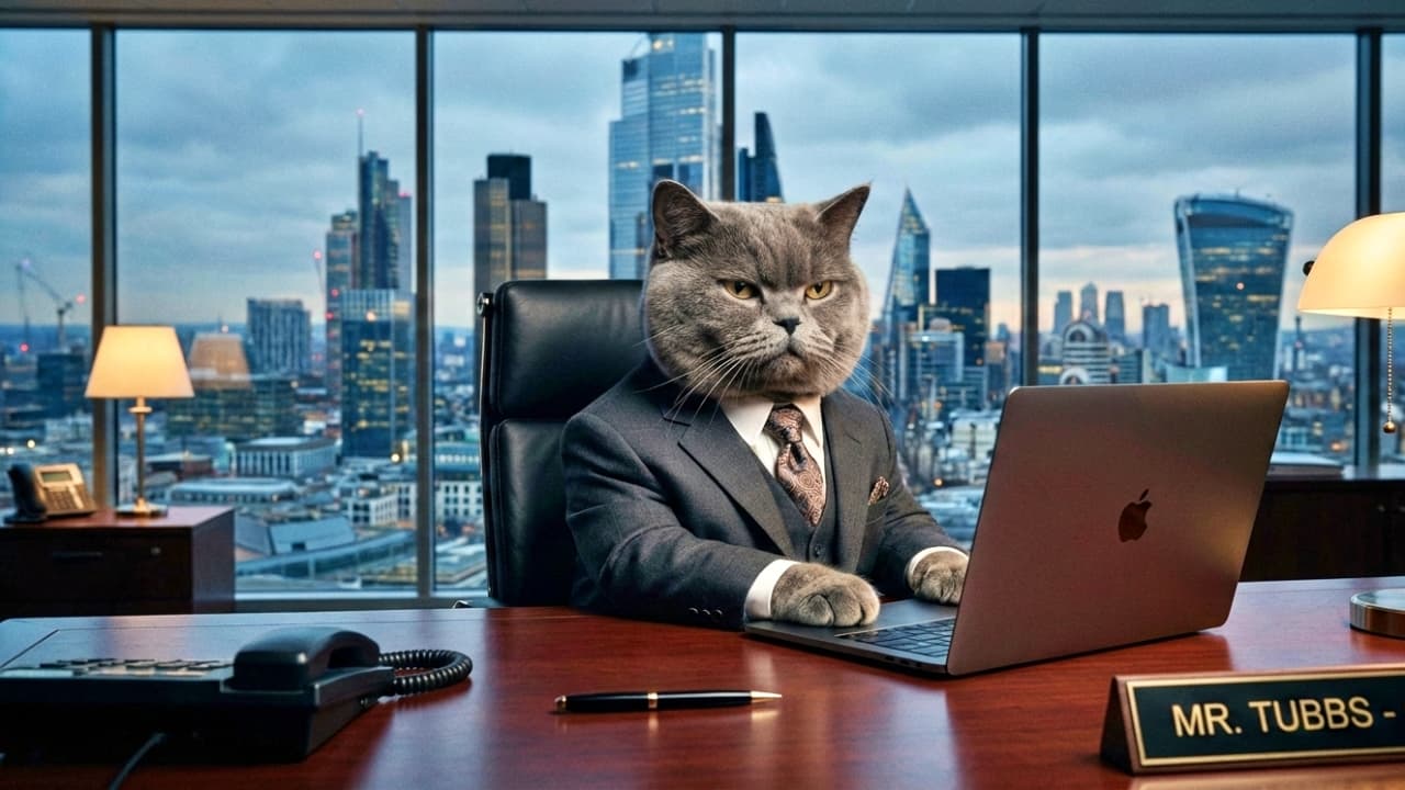 A photorealistic image of a chubby British Shorthair cat dressed in a tailored miniature business suit and tie, sitting upright at a large mahogany desk in a modern corner office. With paws resting on a laptop keyboard and a serious expression, the feline CEO works against a backdrop of a panoramic city skyline. A nameplate on the desk reads "MR. TUBBS - CEO".